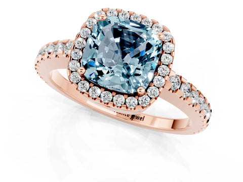 Rose gold Cushion Cut Aquamarine Halo Engagement Ring with Pavé Band and Prong Setting_13