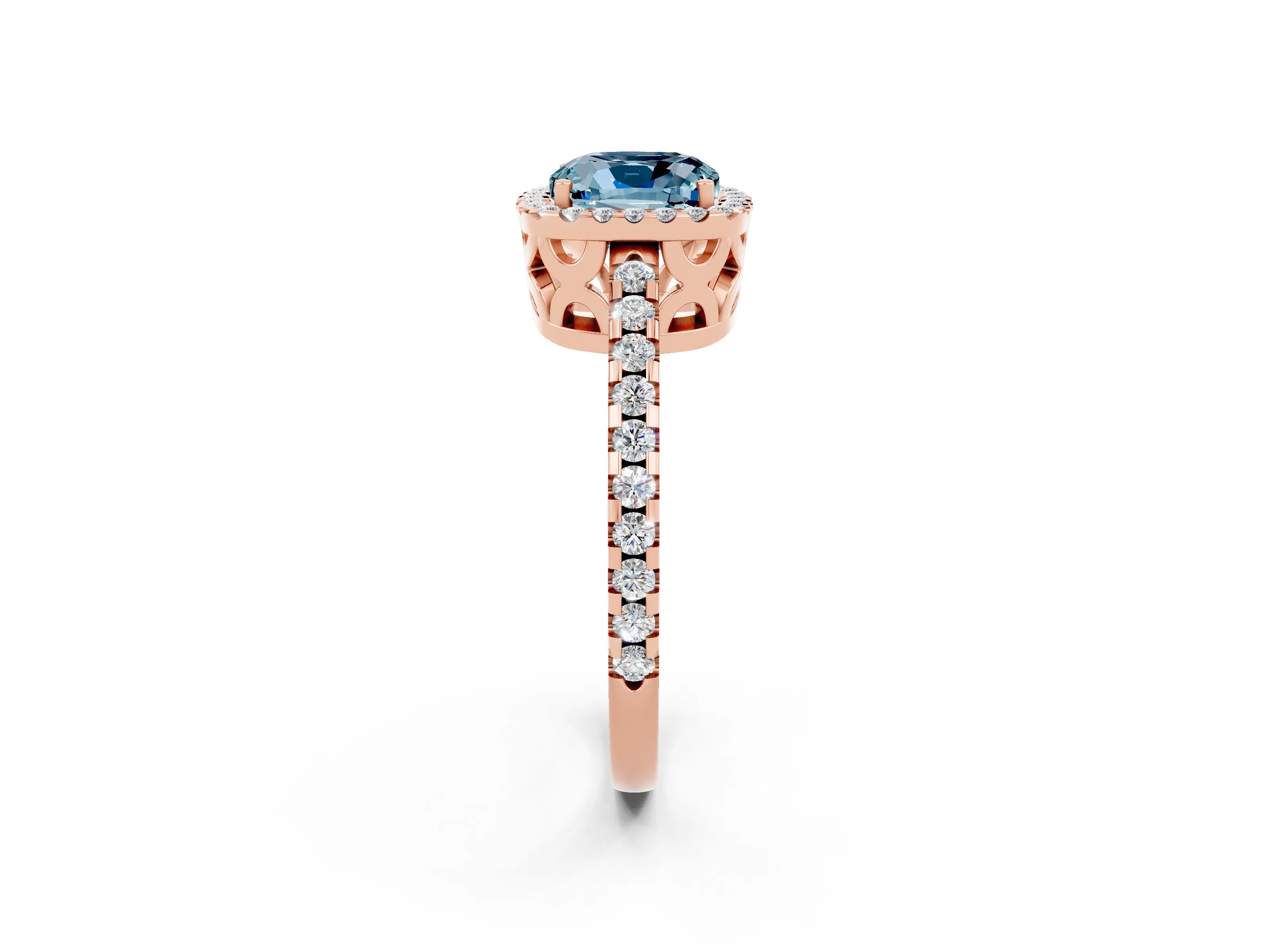 Rose gold Cushion Cut Aquamarine Halo Engagement Ring with Pavé Band and Prong Setting_14