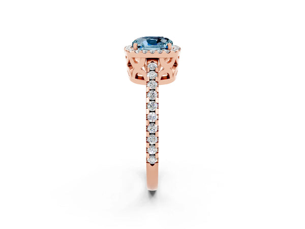 Rose gold Cushion Cut Aquamarine Halo Engagement Ring with Pavé Band and Prong Setting