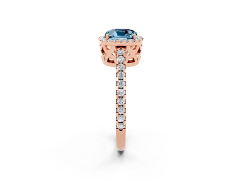 Rose gold Cushion Cut Aquamarine Halo Engagement Ring with Pavé Band and Prong Setting_14