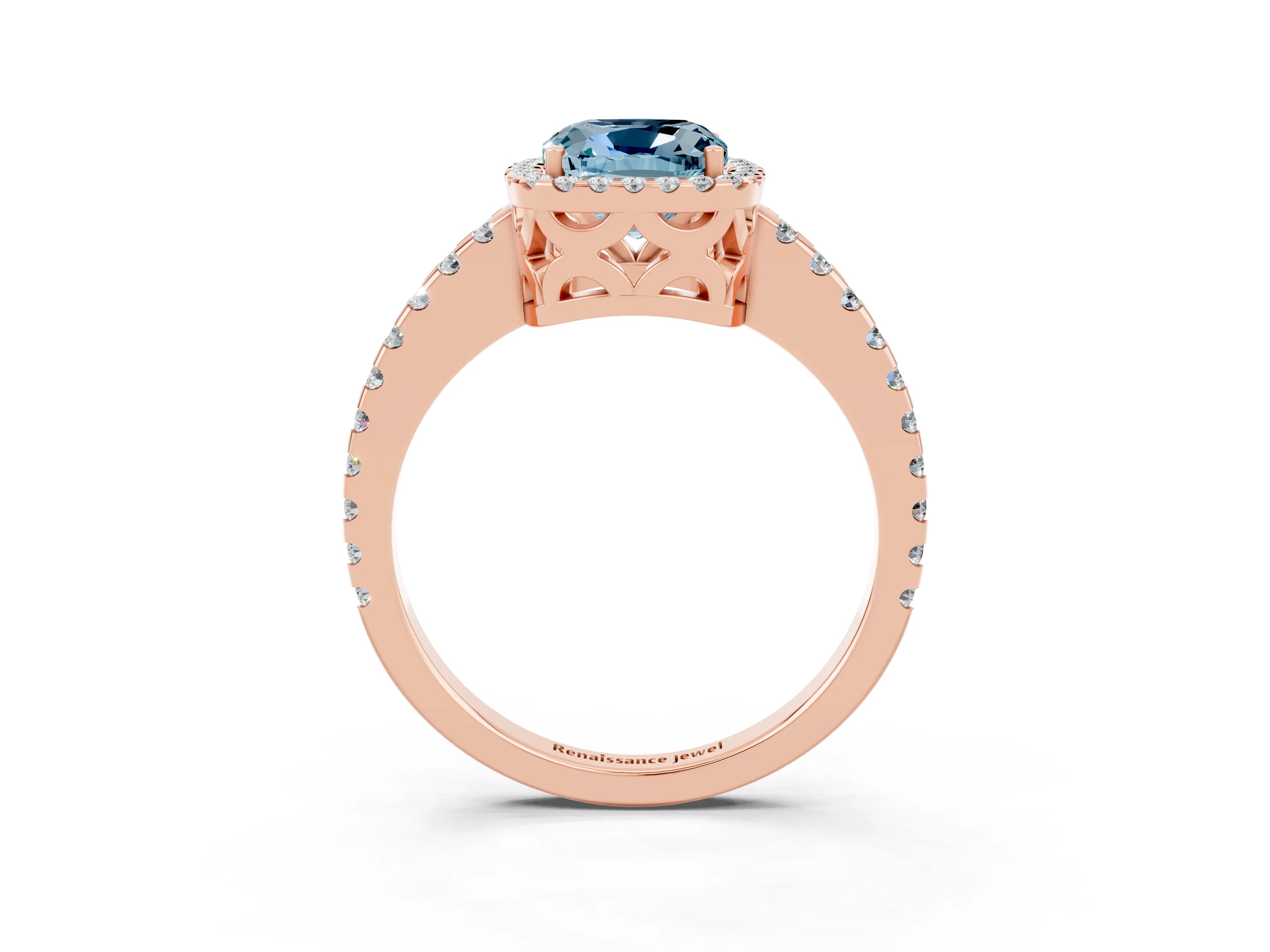 Rose gold Cushion Cut Aquamarine Halo Engagement Ring with Pavé Band and Prong Setting_15