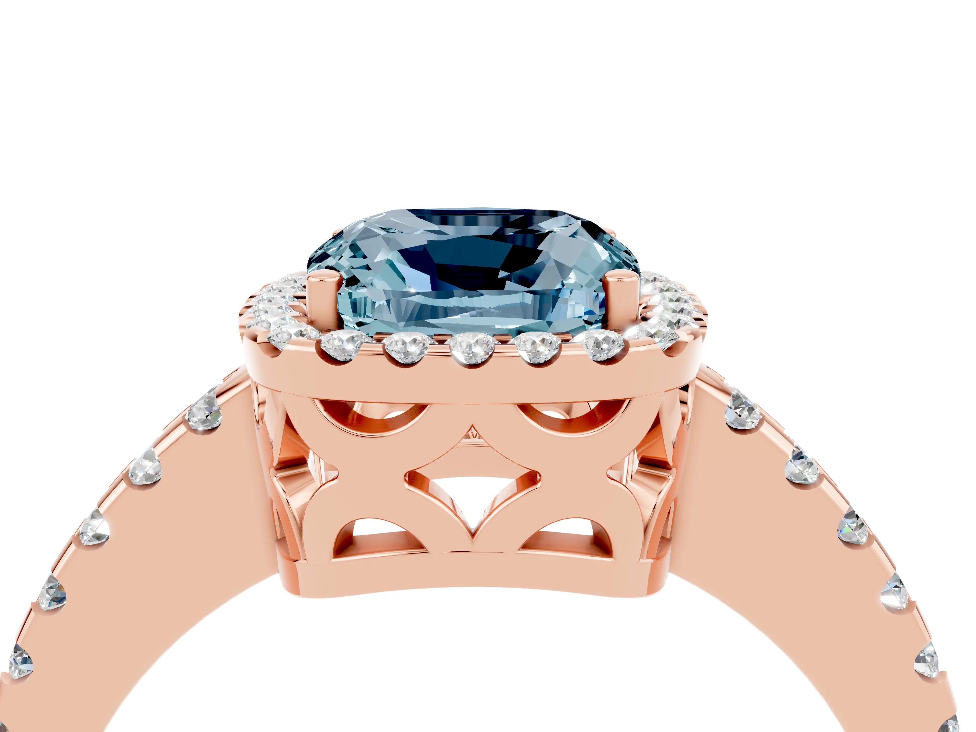 Rose gold Cushion Cut Aquamarine Halo Engagement Ring with Pavé Band and Prong Setting_16