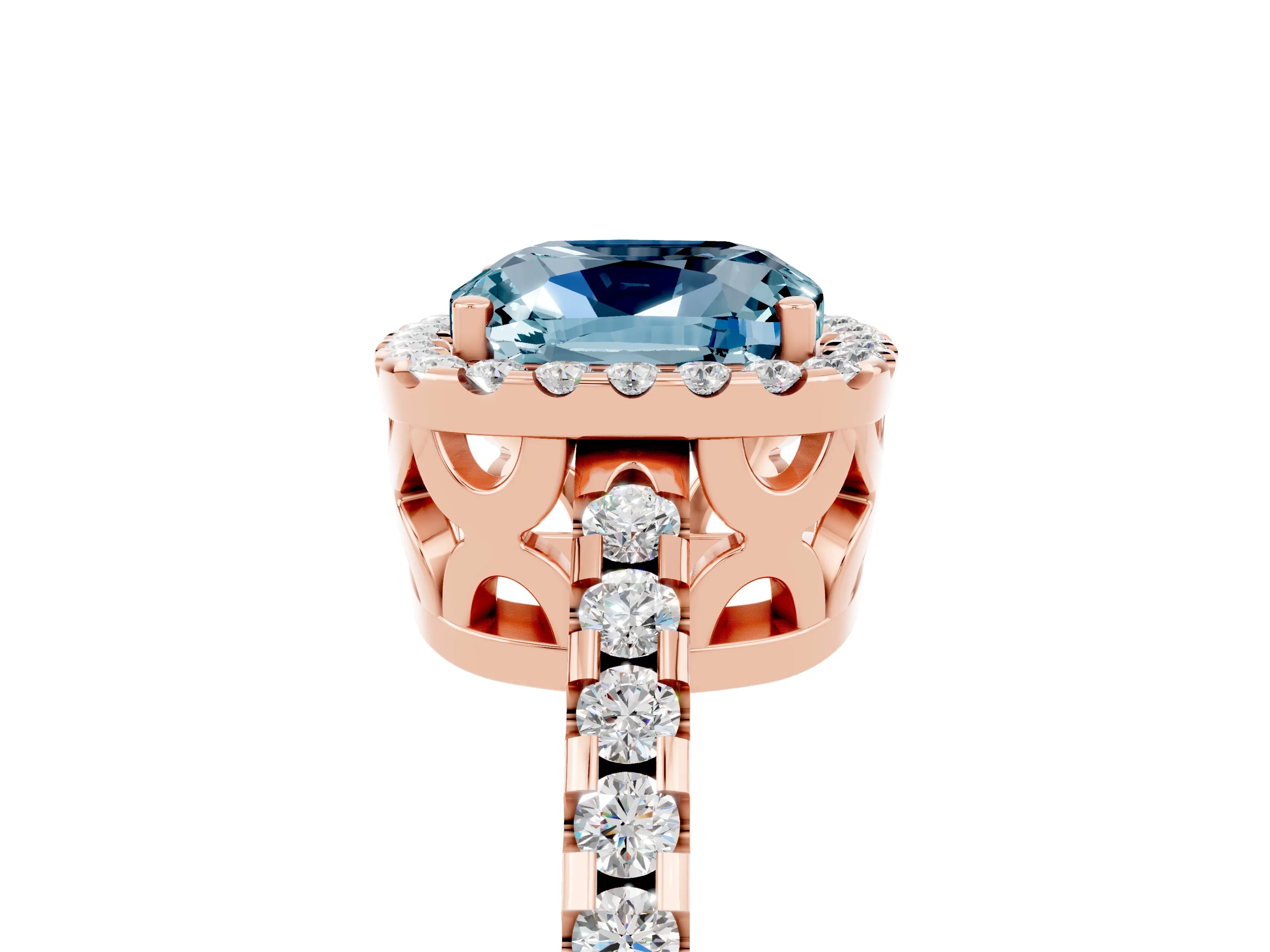 Rose gold Cushion Cut Aquamarine Halo Engagement Ring with Pavé Band and Prong Setting_17