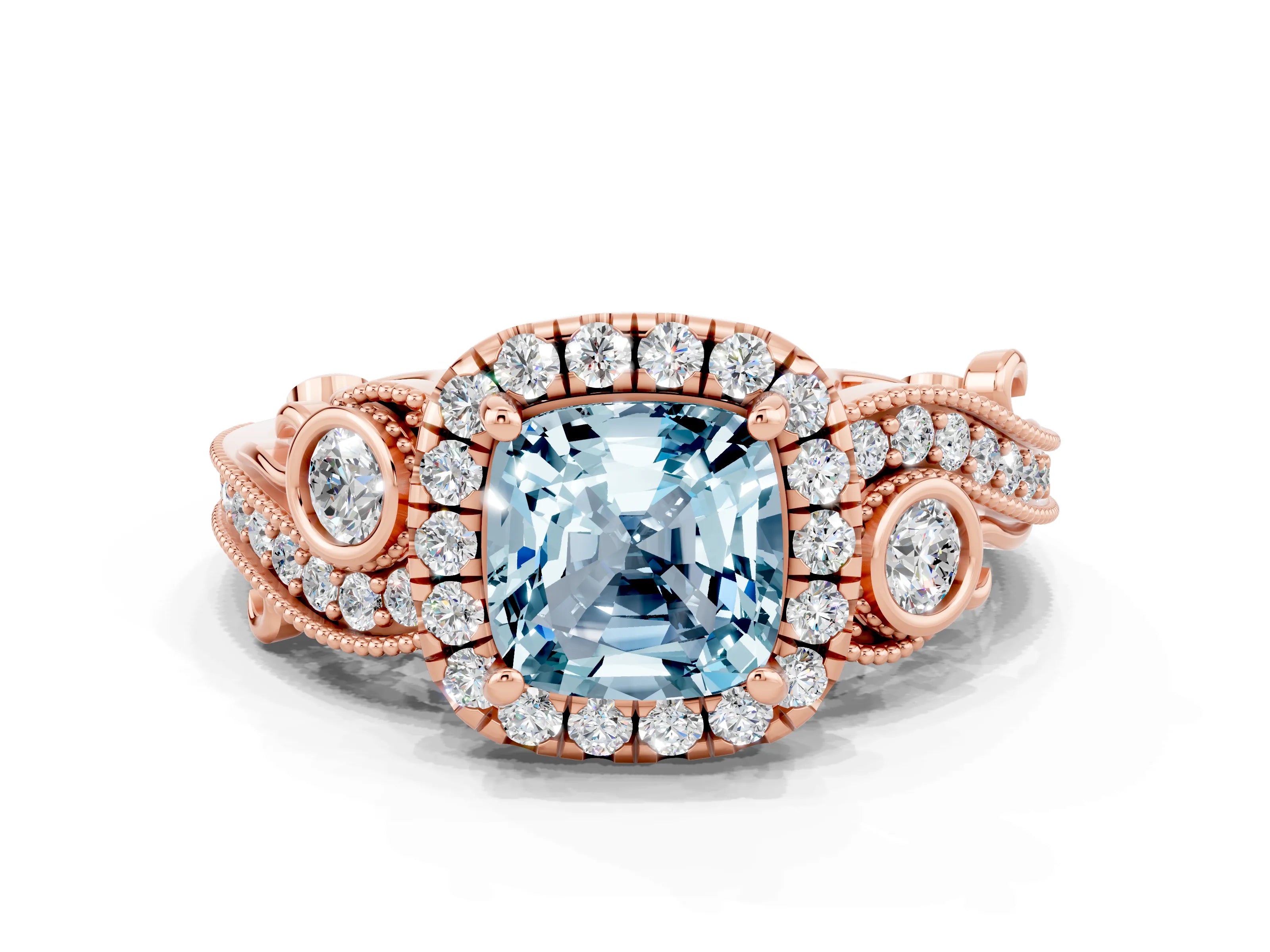 Rose gold Cushion Cut Aquamarine Halo Ring with Milgrain Pavé Band and Four-Prong Setting_12