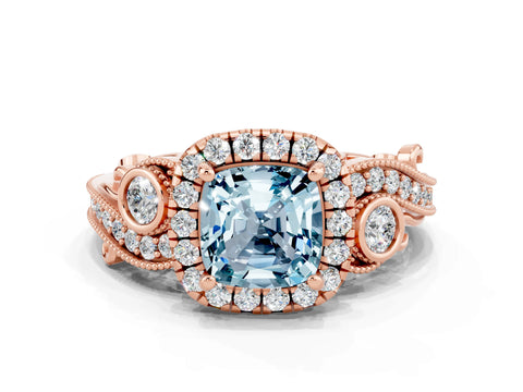 Rose gold Cushion Cut Aquamarine Halo Ring with Milgrain Pavé Band and Four-Prong Setting_12