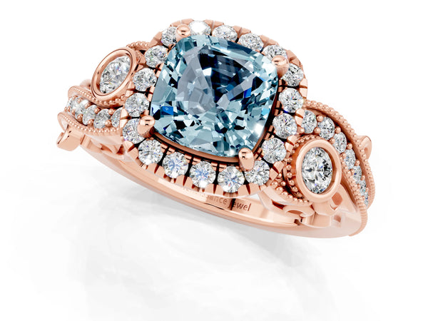 Rose gold Cushion Cut Aquamarine Halo Ring with Milgrain Pavé Band and Four-Prong Setting