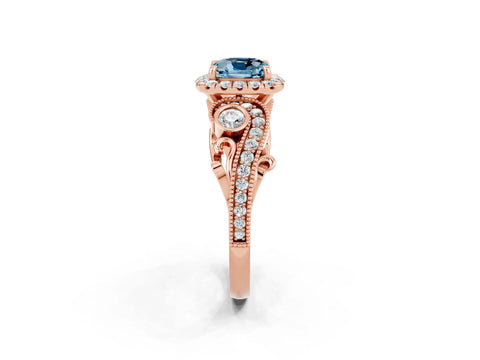 Rose gold Cushion Cut Aquamarine Halo Ring with Milgrain Pavé Band and Four-Prong Setting_14