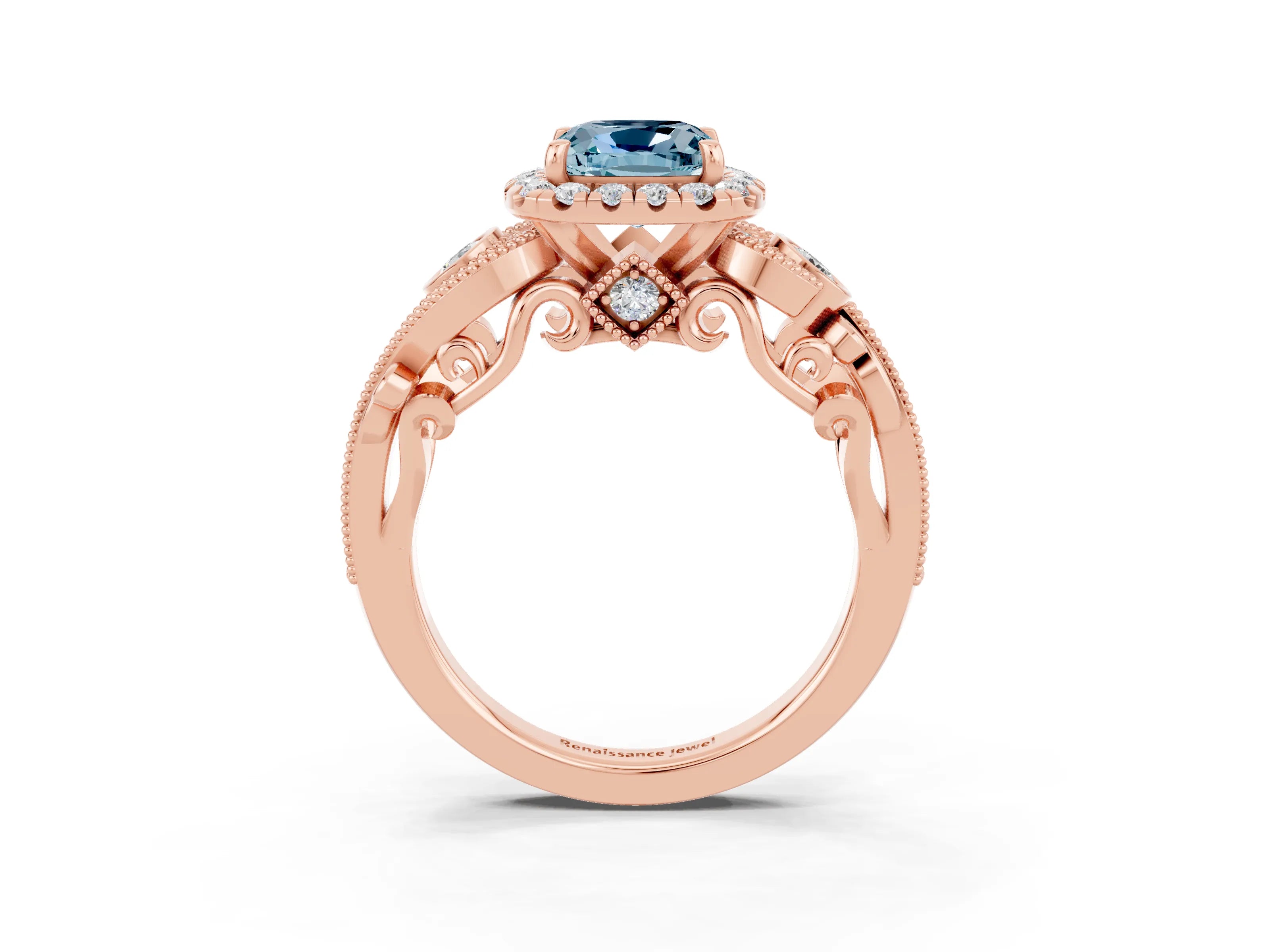 Rose gold Cushion Cut Aquamarine Halo Ring with Milgrain Pavé Band and Four-Prong Setting_15