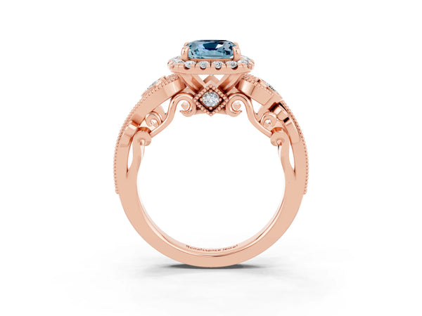 Rose gold Cushion Cut Aquamarine Halo Ring with Milgrain Pavé Band and Four-Prong Setting