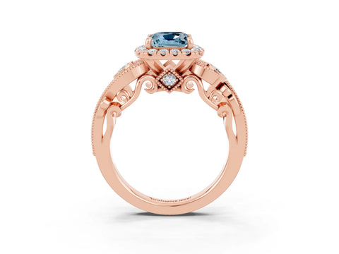 Rose gold Cushion Cut Aquamarine Halo Ring with Milgrain Pavé Band and Four-Prong Setting_15