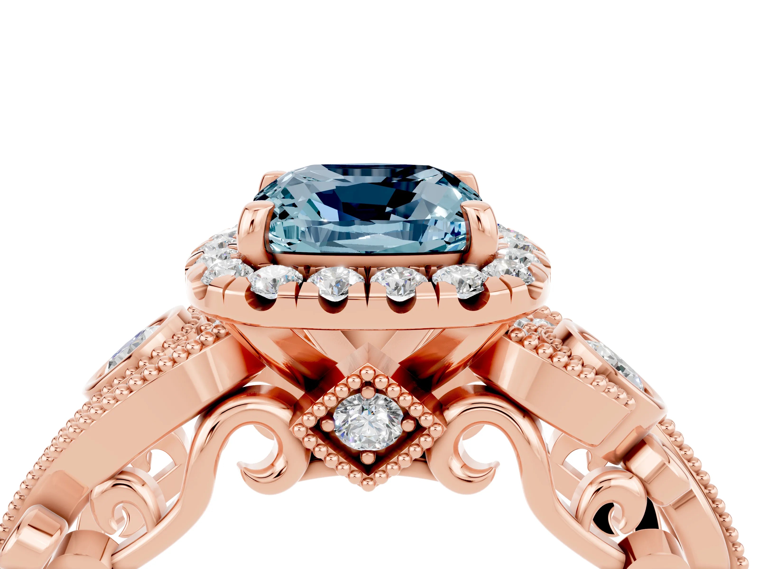 Rose gold Cushion Cut Aquamarine Halo Ring with Milgrain Pavé Band and Four-Prong Setting_16