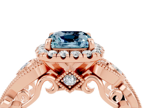 Rose gold Cushion Cut Aquamarine Halo Ring with Milgrain Pavé Band and Four-Prong Setting_16