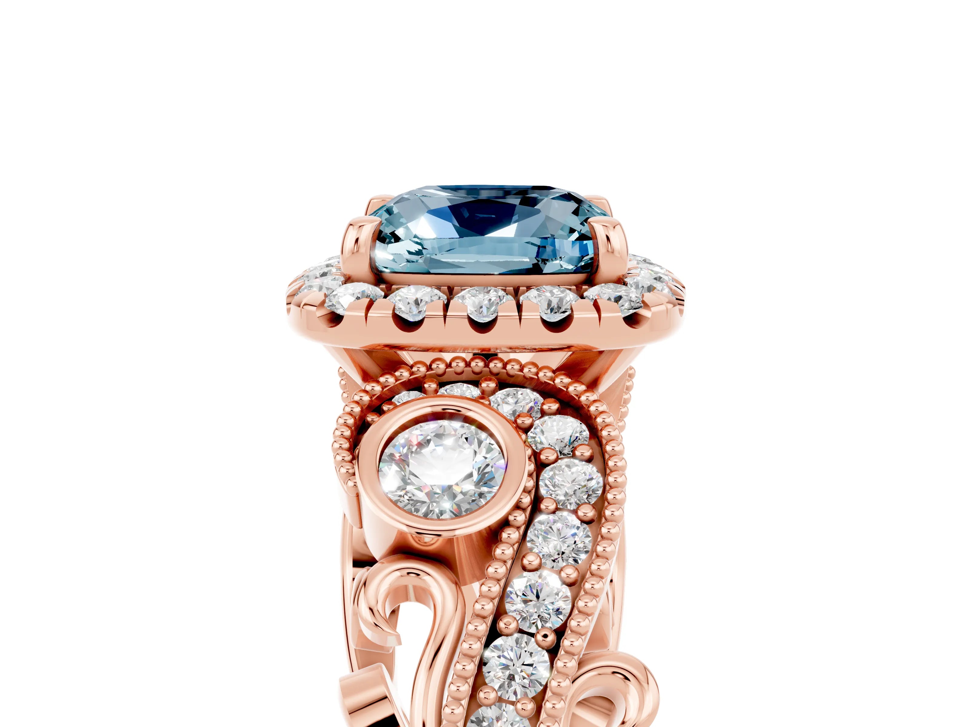 Rose gold Cushion Cut Aquamarine Halo Ring with Milgrain Pavé Band and Four-Prong Setting_17