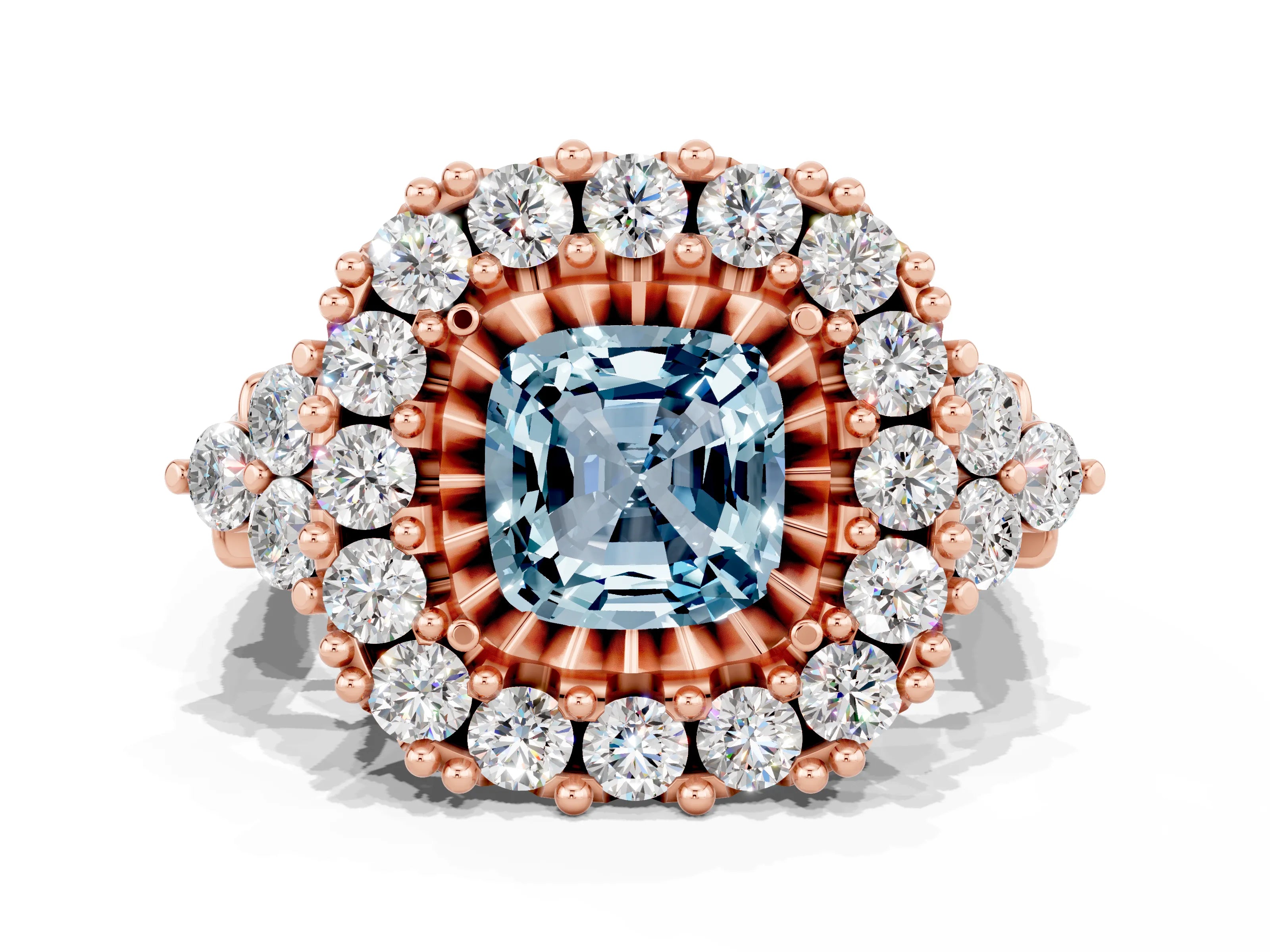 Rose gold Cushion Cut Aquamarine Halo Ring with Pavé Band and Four-Prong Setting_12