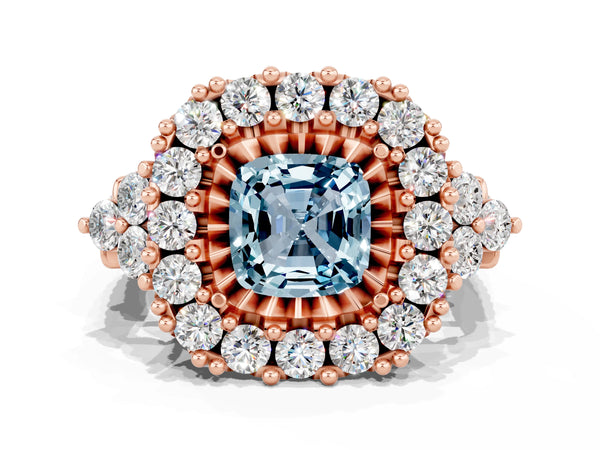 Rose gold Cushion Cut Aquamarine Halo Ring with Pavé Band and Four-Prong Setting