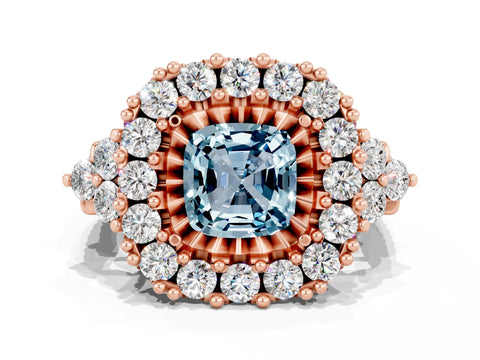 Rose gold Cushion Cut Aquamarine Halo Ring with Pavé Band and Four-Prong Setting_12
