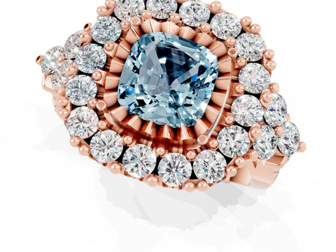 Rose gold Cushion Cut Aquamarine Halo Ring with Pavé Band and Four-Prong Setting_13