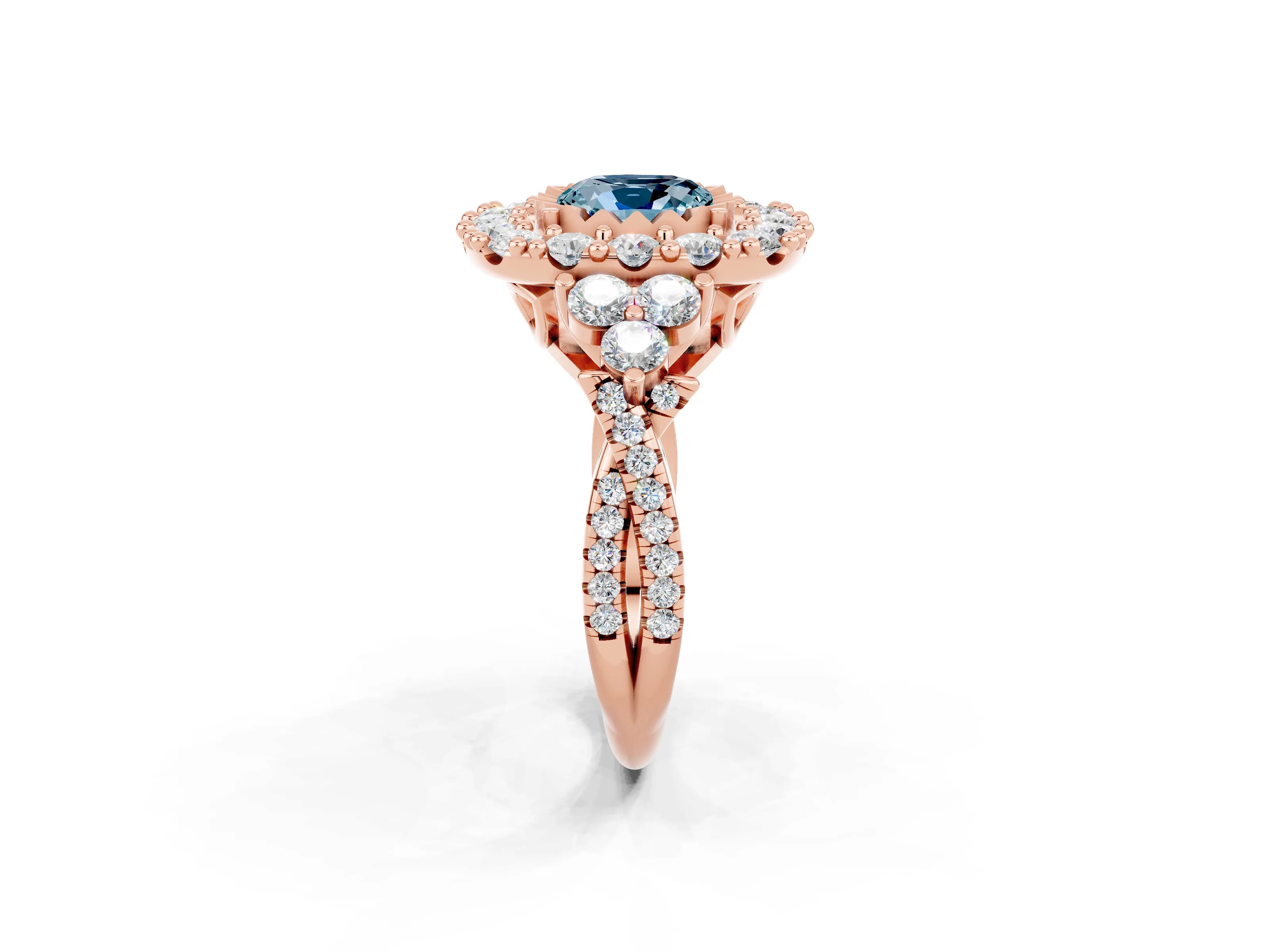Rose gold Cushion Cut Aquamarine Halo Ring with Pavé Band and Four-Prong Setting_14