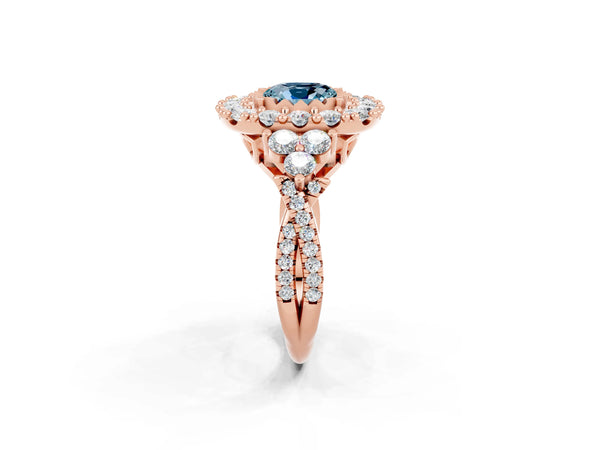 Rose gold Cushion Cut Aquamarine Halo Ring with Pavé Band and Four-Prong Setting