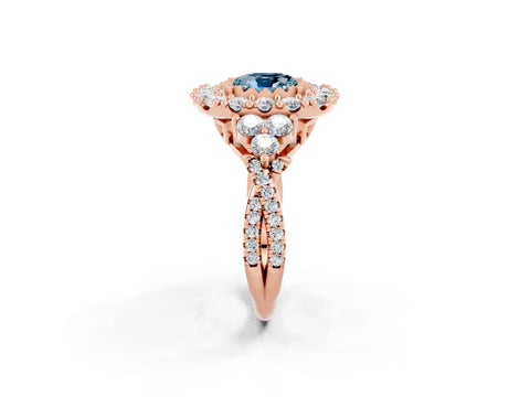 Rose gold Cushion Cut Aquamarine Halo Ring with Pavé Band and Four-Prong Setting_14