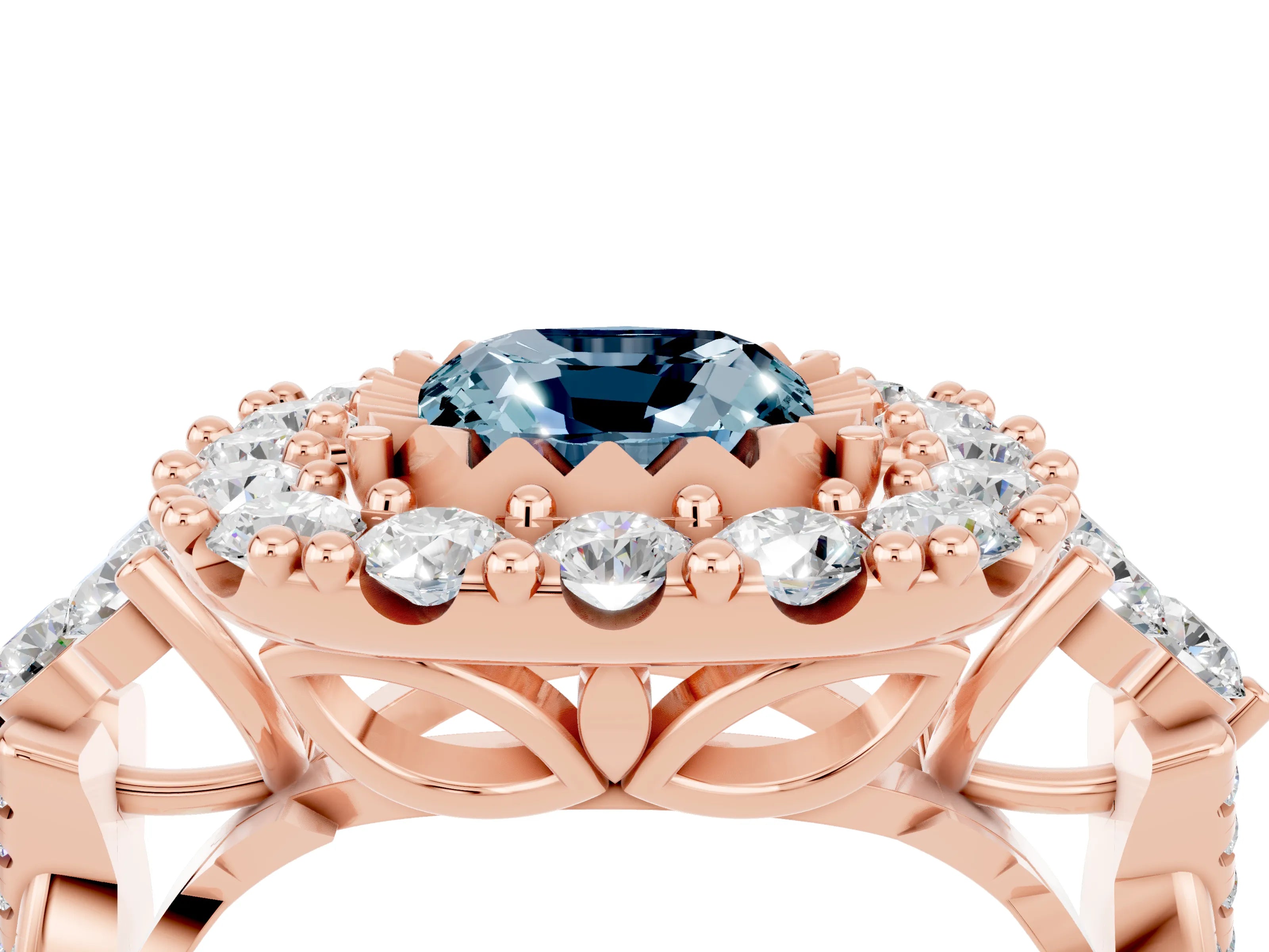Rose gold Cushion Cut Aquamarine Halo Ring with Pavé Band and Four-Prong Setting_16