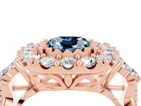 Rose gold Cushion Cut Aquamarine Halo Ring with Pavé Band and Four-Prong Setting_16