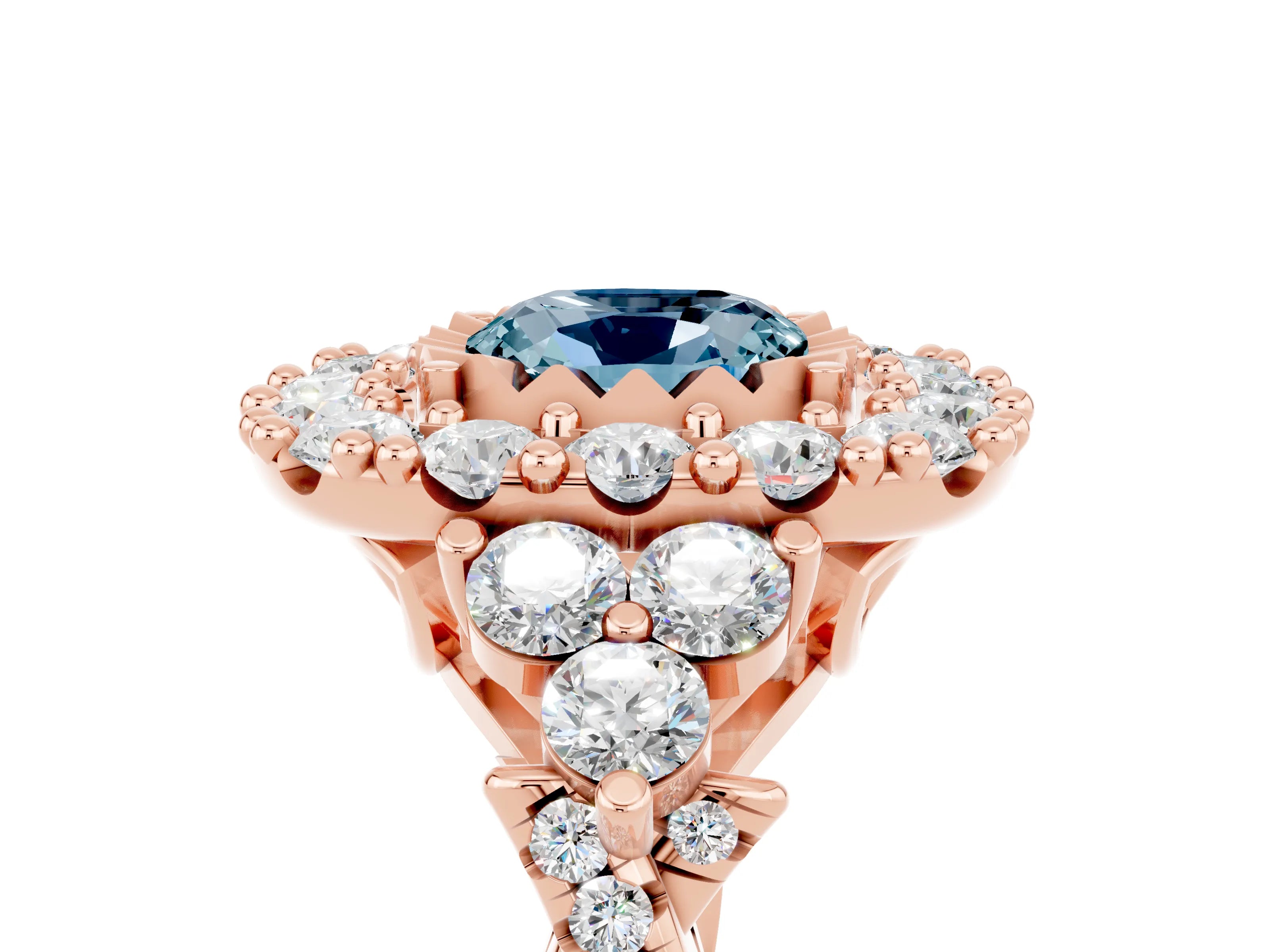 Rose gold Cushion Cut Aquamarine Halo Ring with Pavé Band and Four-Prong Setting_17