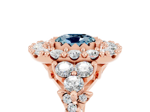 Rose gold Cushion Cut Aquamarine Halo Ring with Pavé Band and Four-Prong Setting_17