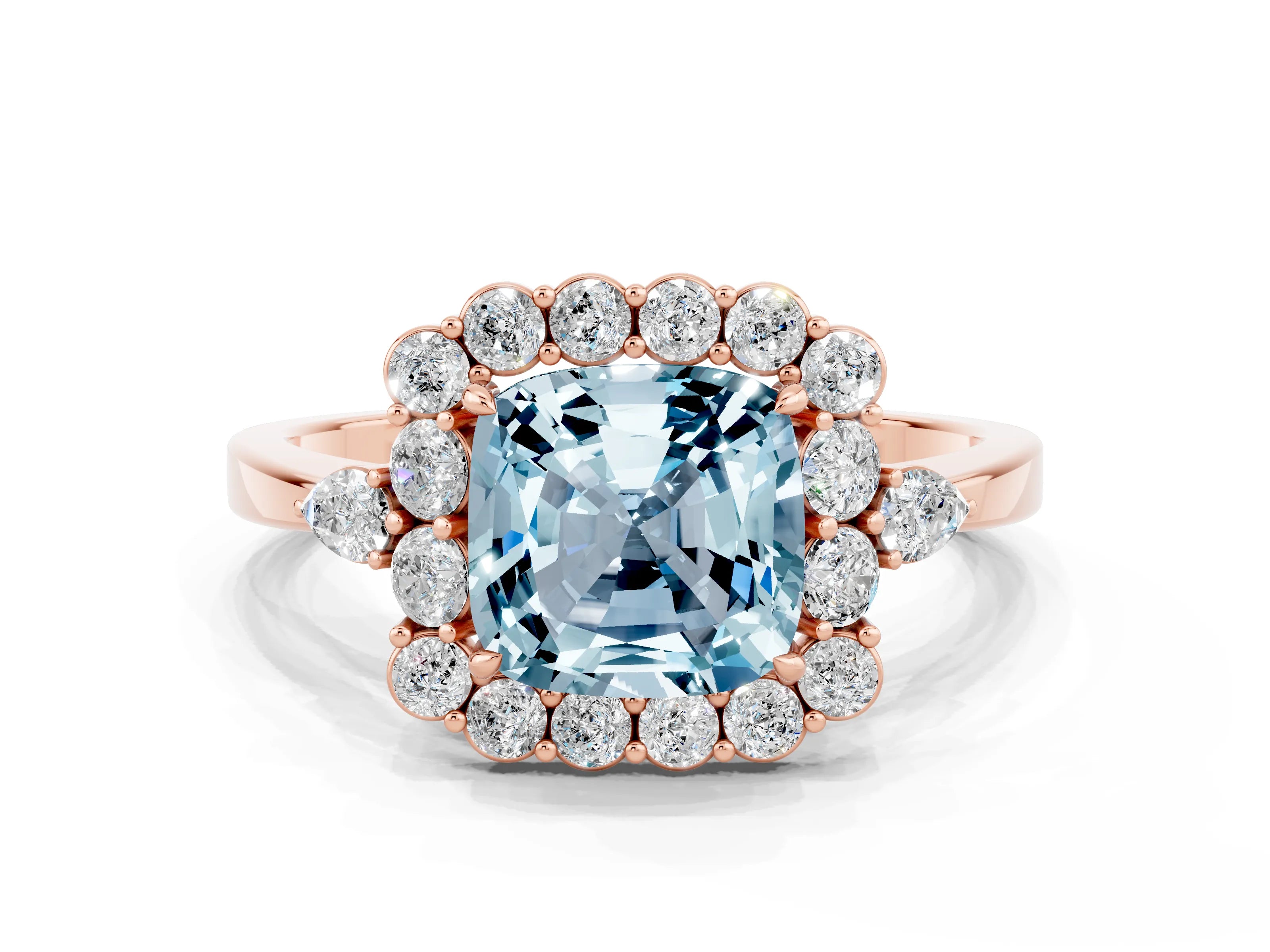 Rose gold Cushion Cut Aquamarine Halo Ring with Pear Side Stones and Prong Setting_12