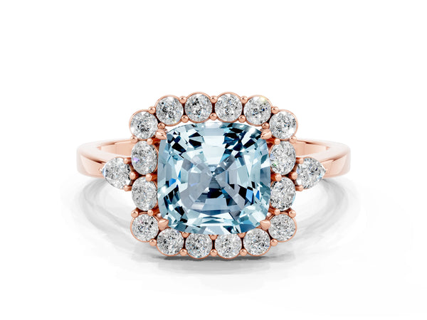 Rose gold Cushion Cut Aquamarine Halo Ring with Pear Side Stones and Prong Setting