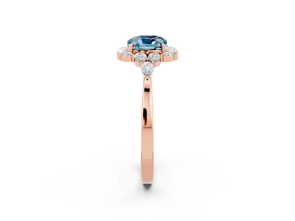 Rose gold Cushion Cut Aquamarine Halo Ring with Pear Side Stones and Prong Setting