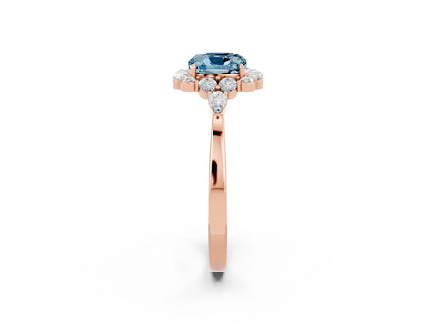 Rose gold Cushion Cut Aquamarine Halo Ring with Pear Side Stones and Prong Setting_14
