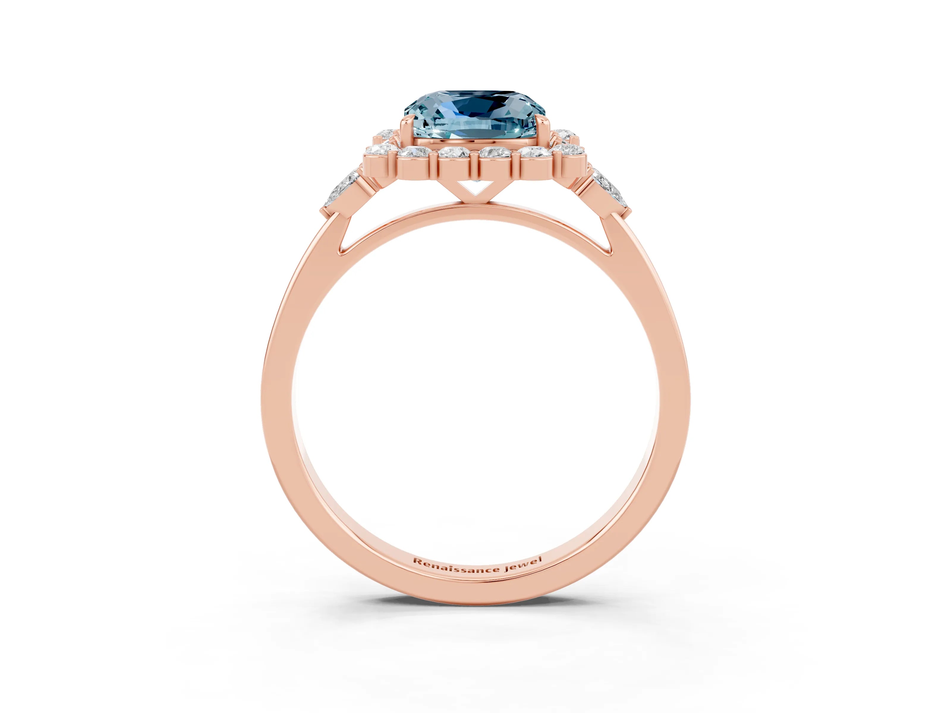Rose gold Cushion Cut Aquamarine Halo Ring with Pear Side Stones and Prong Setting_15
