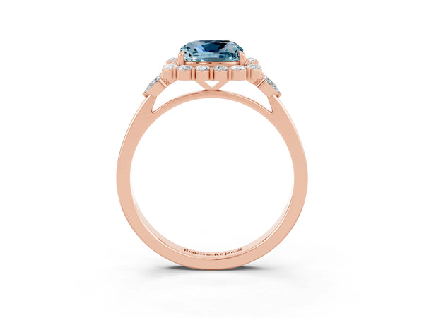 Rose gold Cushion Cut Aquamarine Halo Ring with Pear Side Stones and Prong Setting