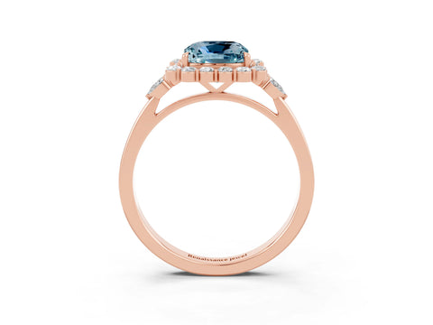 Rose gold Cushion Cut Aquamarine Halo Ring with Pear Side Stones and Prong Setting_15