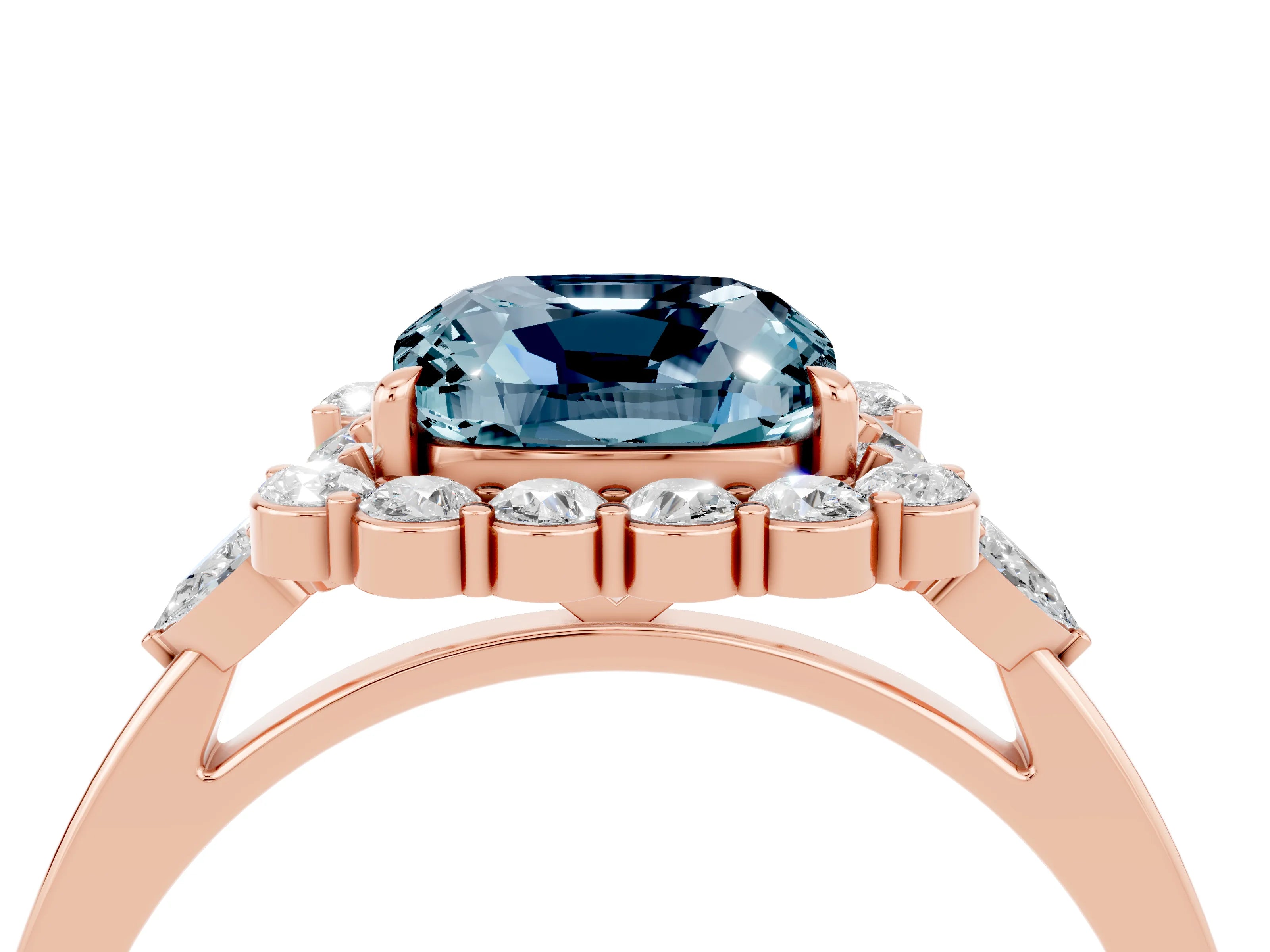 Rose gold Cushion Cut Aquamarine Halo Ring with Pear Side Stones and Prong Setting_16