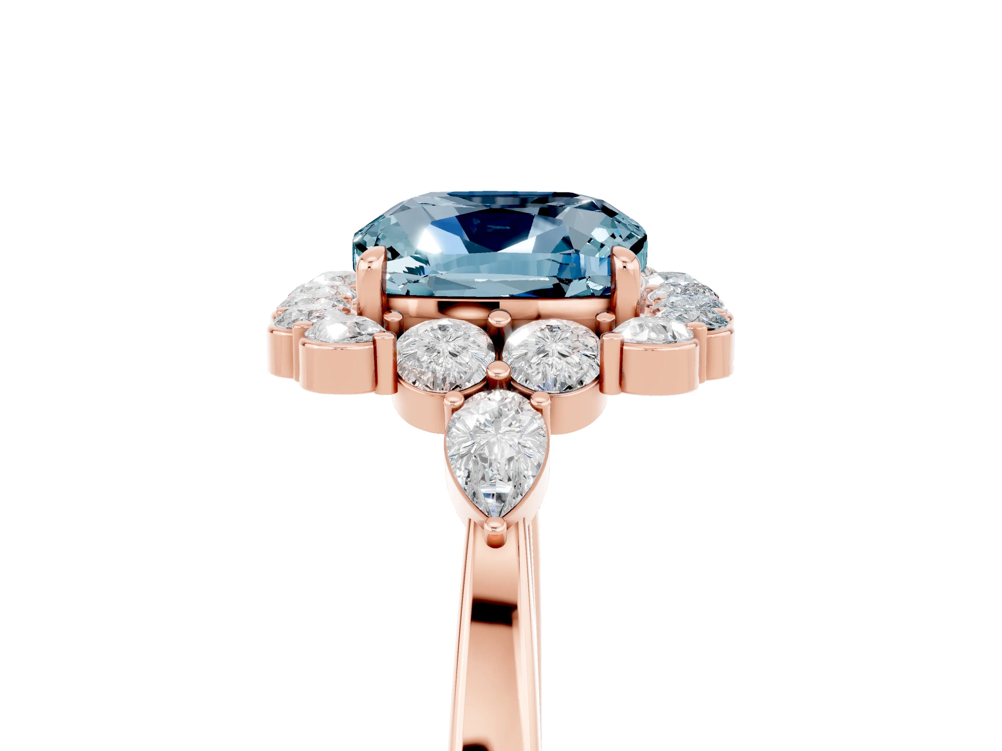 Rose gold Cushion Cut Aquamarine Halo Ring with Pear Side Stones and Prong Setting_17
