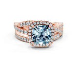 Rose gold Cushion Cut Aquamarine Halo Ring with Round Split Shank and Prong Setting_48
