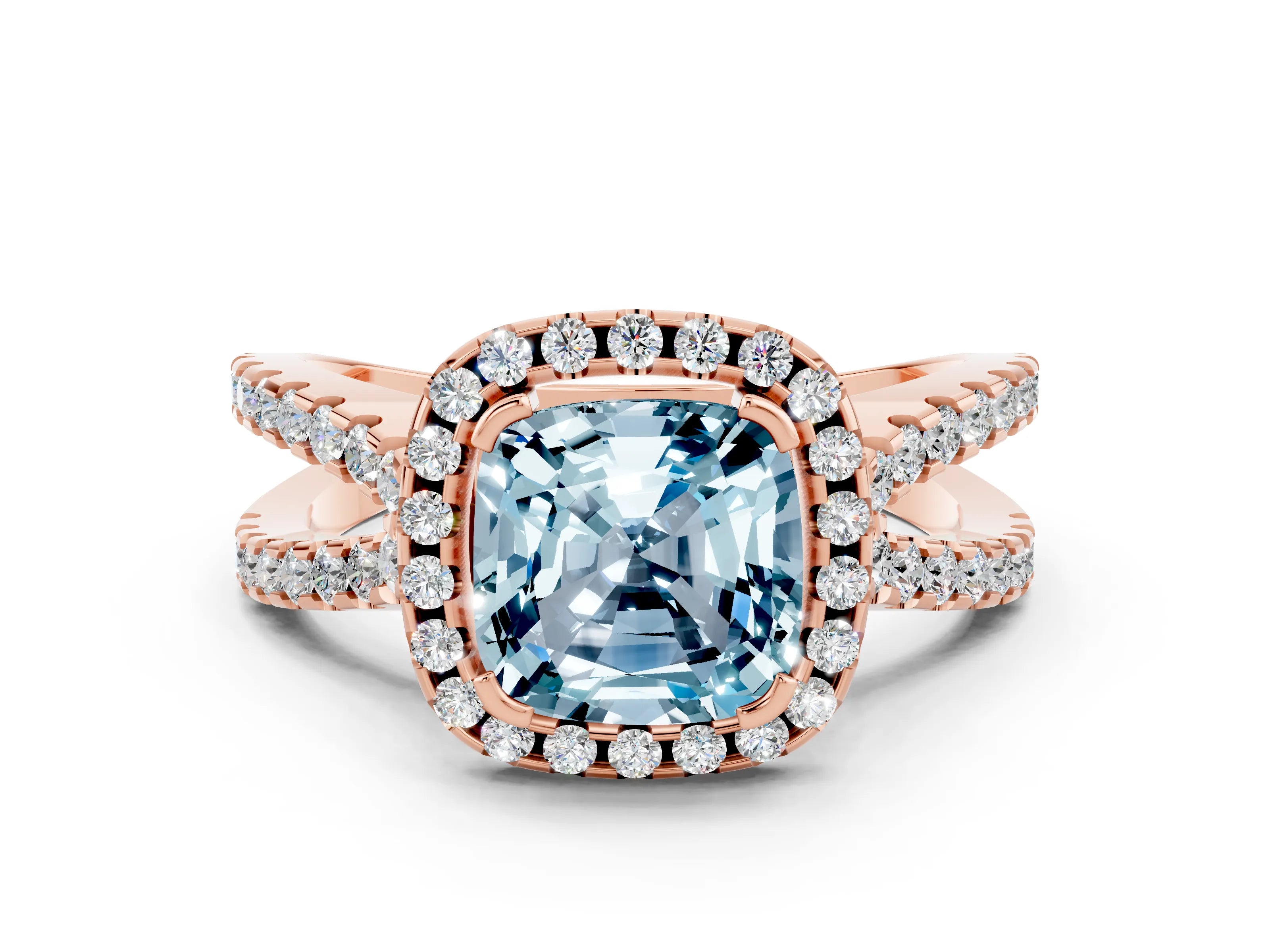 Rose gold Cushion Cut Aquamarine Halo Ring with Split Shank Pavé Band and Prong Setting