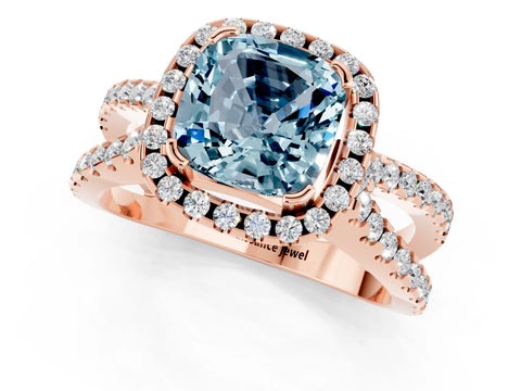 Rose gold Cushion Cut Aquamarine Halo Ring with Split Shank Pavé Band and Prong Setting_1