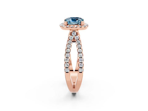 Rose gold Cushion Cut Aquamarine Halo Ring with Split Shank Pavé Band and Prong Setting_2