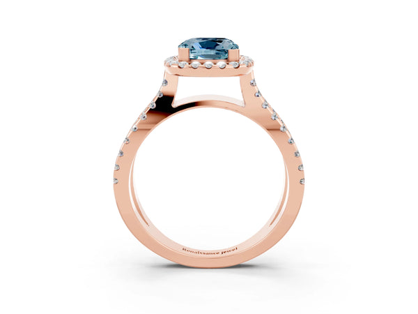 Rose gold Cushion Cut Aquamarine Halo Ring with Split Shank Pavé Band and Prong Setting