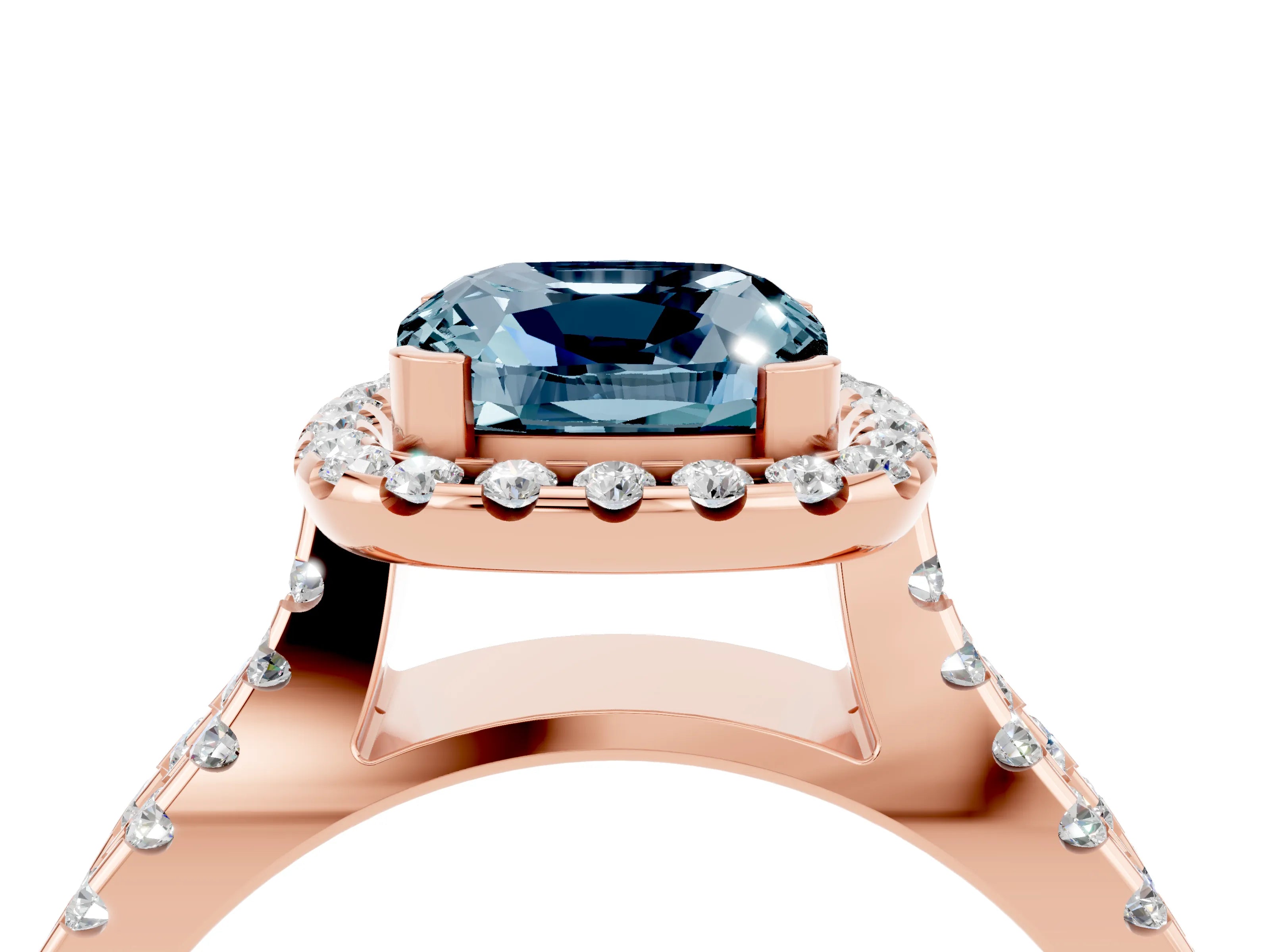 Rose gold Cushion Cut Aquamarine Halo Ring with Split Shank Pavé Band and Prong Setting_4