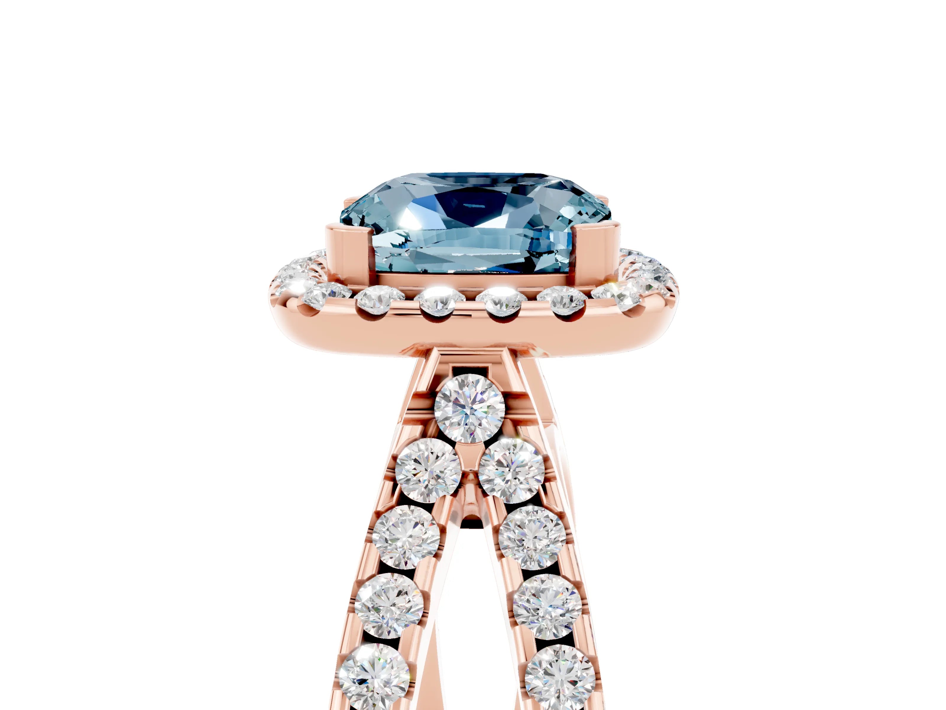 Rose gold Cushion Cut Aquamarine Halo Ring with Split Shank Pavé Band and Prong Setting_5