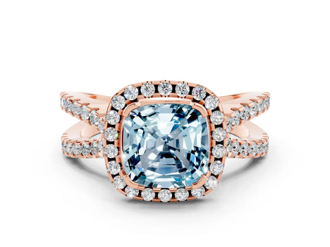 Rose gold Cushion Cut Aquamarine Halo Ring with Split Shank Pavé Band and Prong Setting
