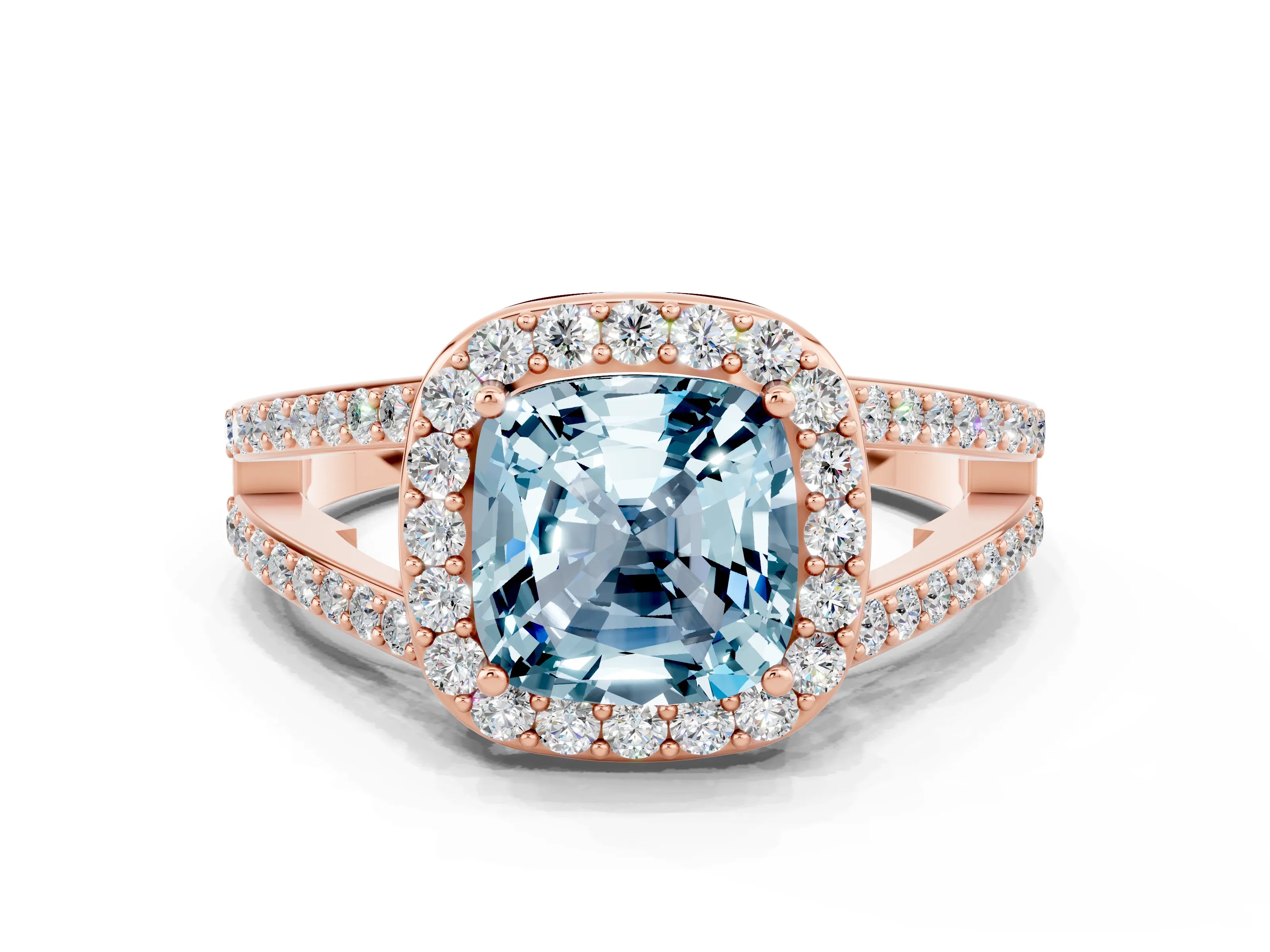 Rose gold Cushion Cut Aquamarine Halo Ring with Split Shank U-Prong Band and Four-Prong Setting