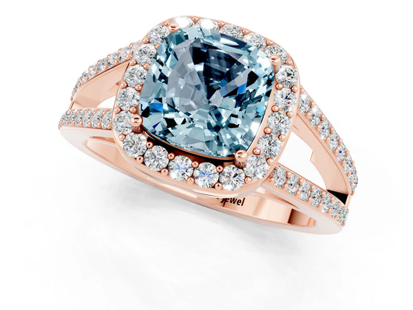 Rose gold Cushion Cut Aquamarine Halo Ring with Split Shank U-Prong Band and Four-Prong Setting