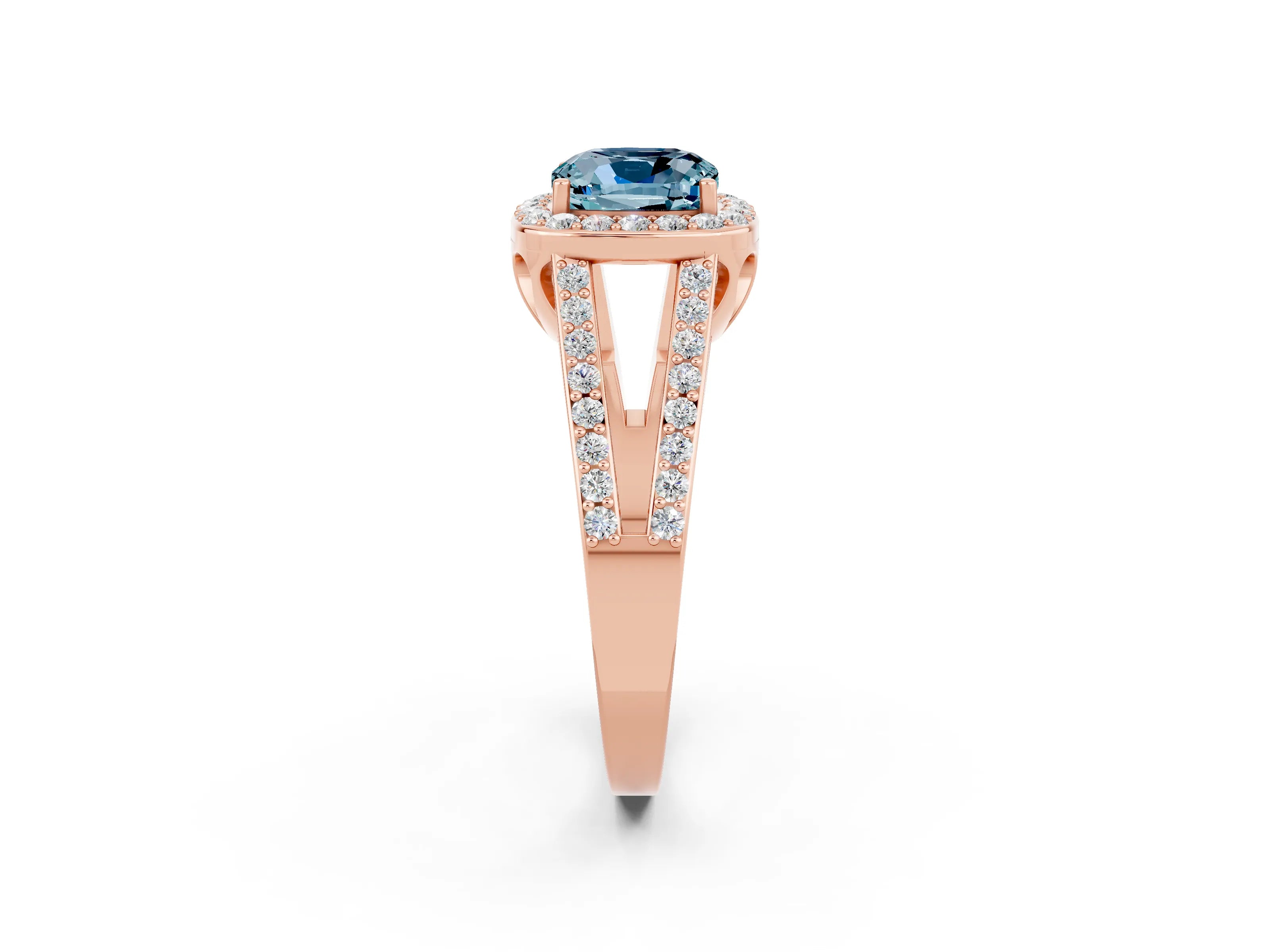 Rose gold Cushion Cut Aquamarine Halo Ring with Split Shank U-Prong Band and Four-Prong Setting_2