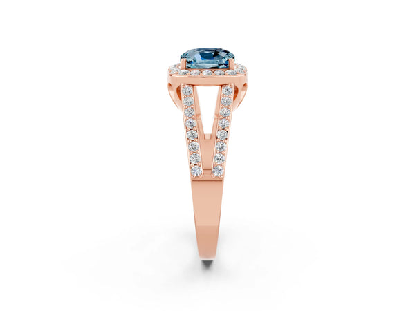 Rose gold Cushion Cut Aquamarine Halo Ring with Split Shank U-Prong Band and Four-Prong Setting