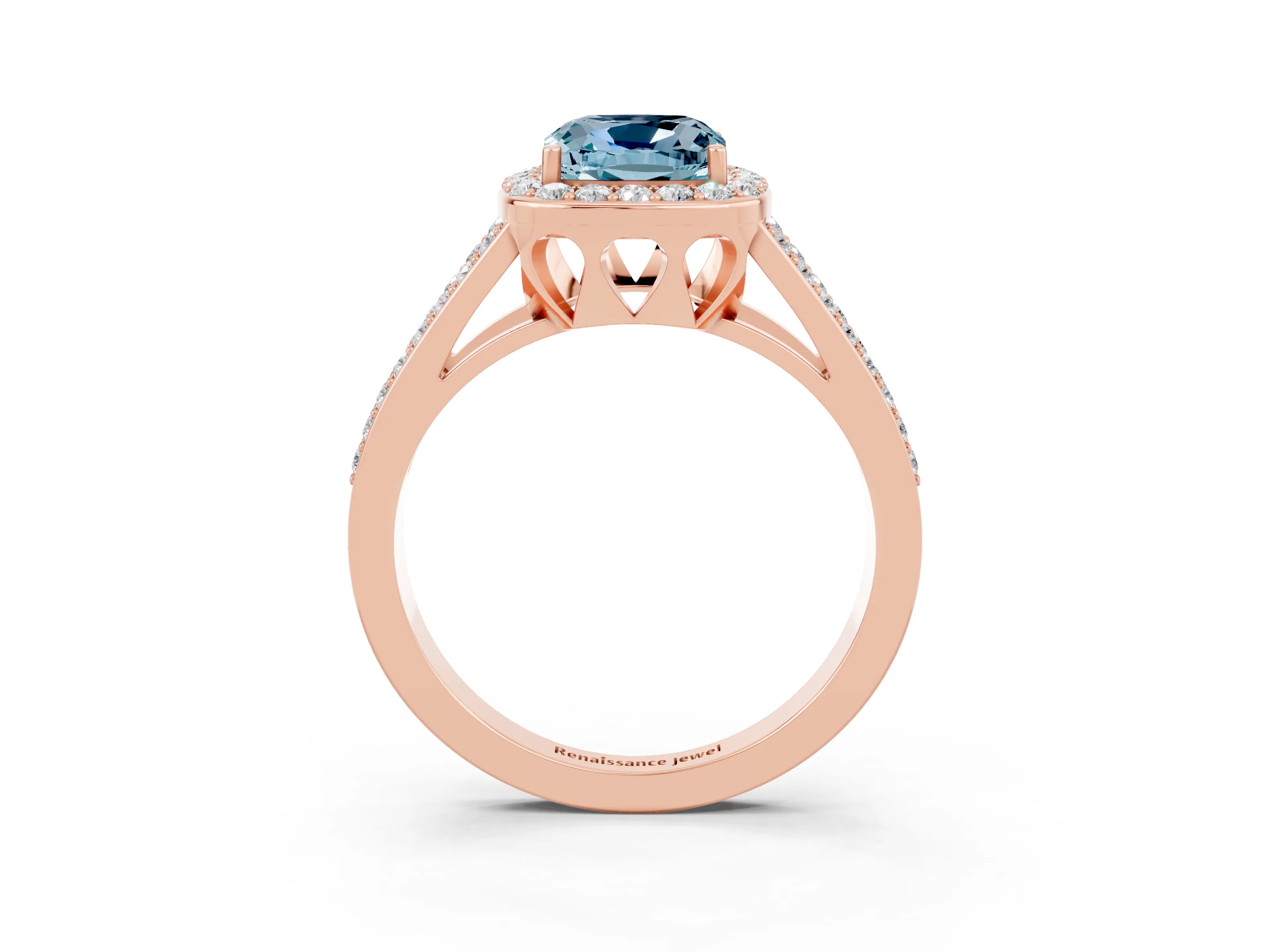 Rose gold Cushion Cut Aquamarine Halo Ring with Split Shank U-Prong Band and Four-Prong Setting_3